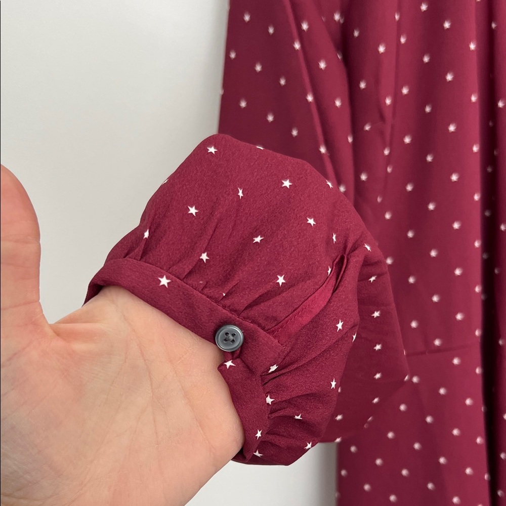 LOFT burgundy star print long sleeved wrap dress, size 14 - Picture 5 of 6